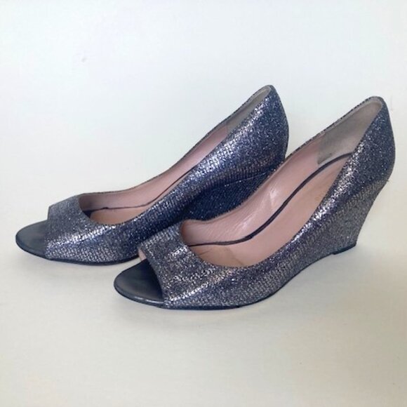 Kate Spade 8.5 Wedge Peep Toe Sparkly Metallic - Picture 1 of 6